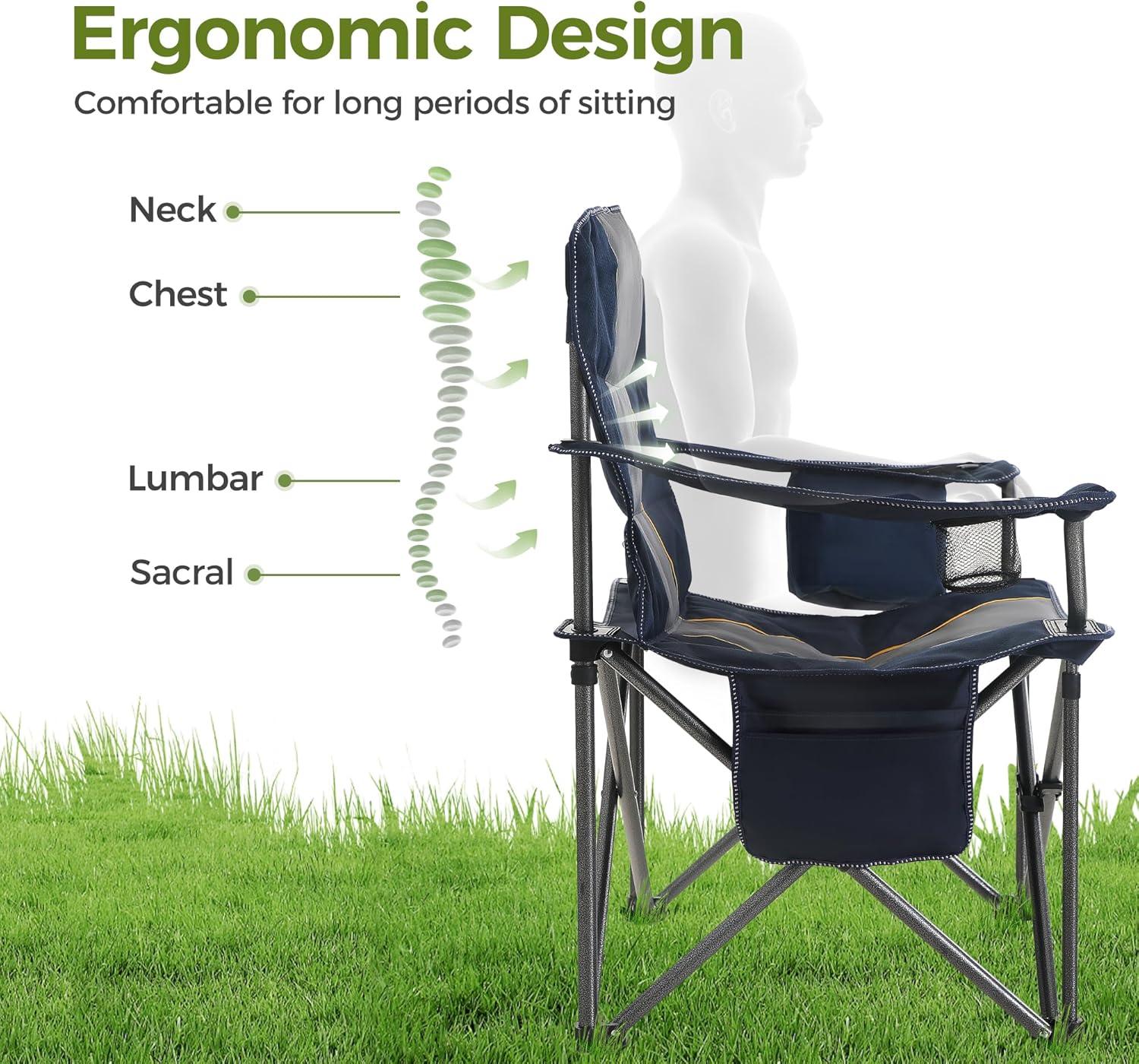 ALPHA CAMP Oversized Camping Folding Chair Heavy Duty with Cooler Bag Support 450 LBS Steel Frame Collapsible Padded Arm Quad Lumbar Back Chair Portable for Lawn Outdoor,Blue - Image 5