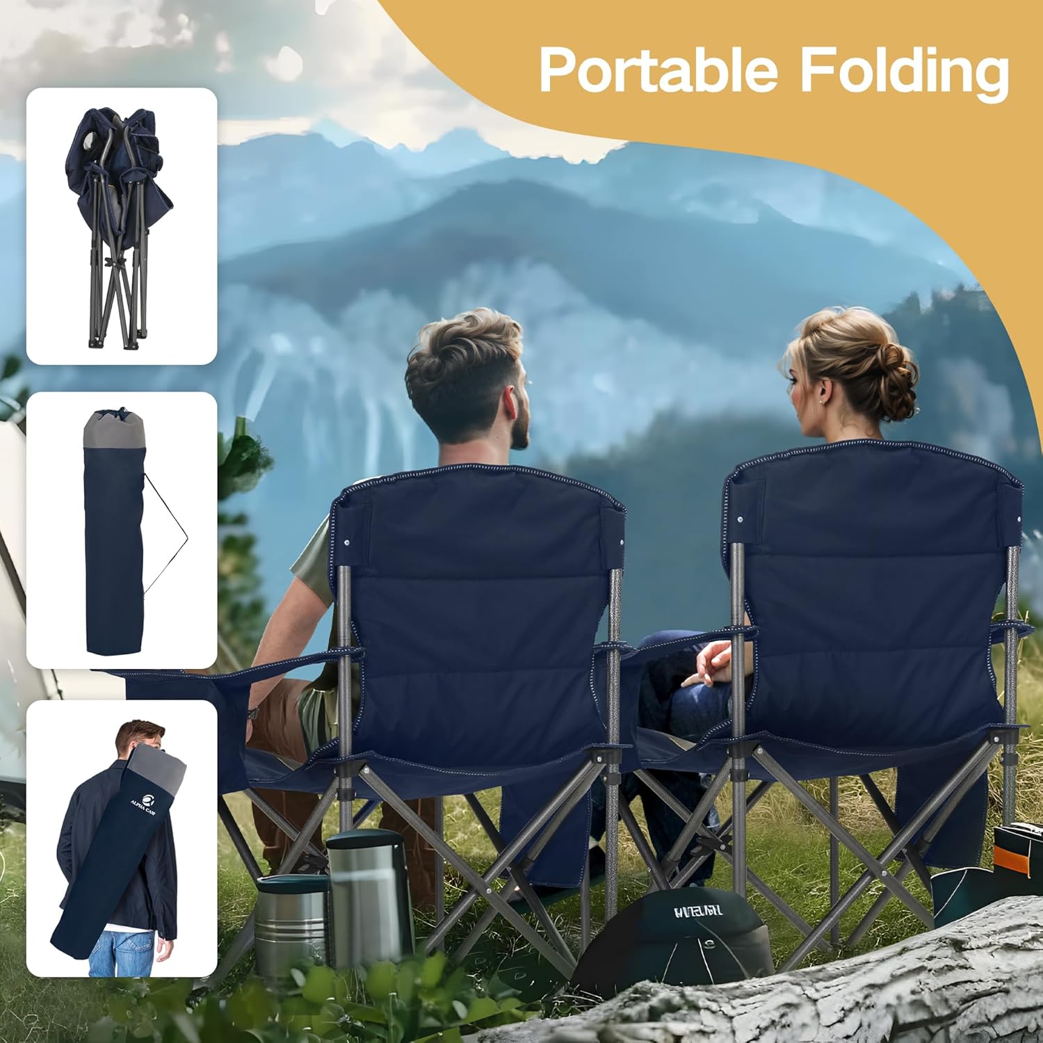 ALPHA CAMP Oversized Camping Folding Chair Heavy Duty with Cooler Bag Support 450 LBS Steel Frame Collapsible Padded Arm Quad Lumbar Back Chair Portable for Lawn Outdoor,Blue - Image 9