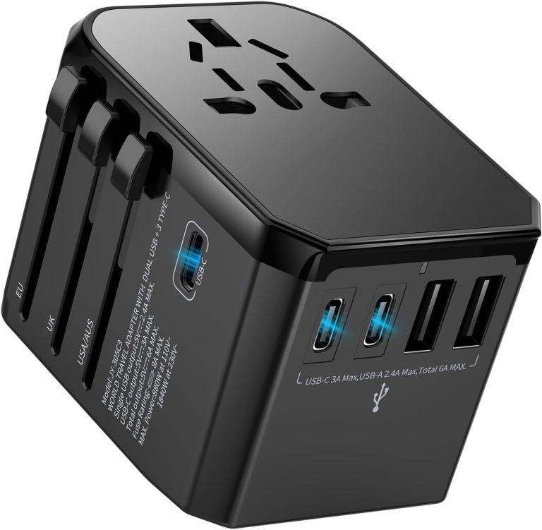 Universal Travel Adapter International Plug – European Travel Plug Adapter Worldwide US AUS EU UK Spain Germany Ireland Italy – All-in-one Travel Outlet Power Adapter with 3 USB C 2 USB A